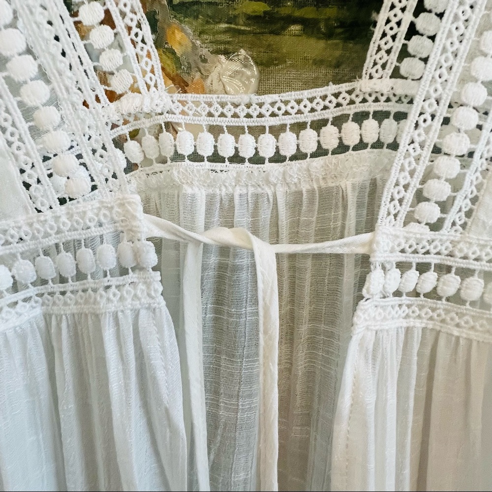 New Boho Beach Coverup Tie Waist Lace Trim Maxi Length Bell Sleeve Open Back - Picture 7 of 9